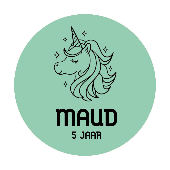 Traktatie sticker met naam | Eenhoorn